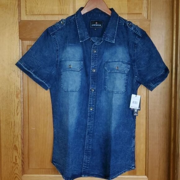Airwalk Stretch Sz. M Cloud Blue Jean Short Sleeve Full Button Down Blouse Shirt - Picture 2 of 10